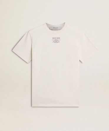 Men’s worn-white cotton T-shirt with black lettering