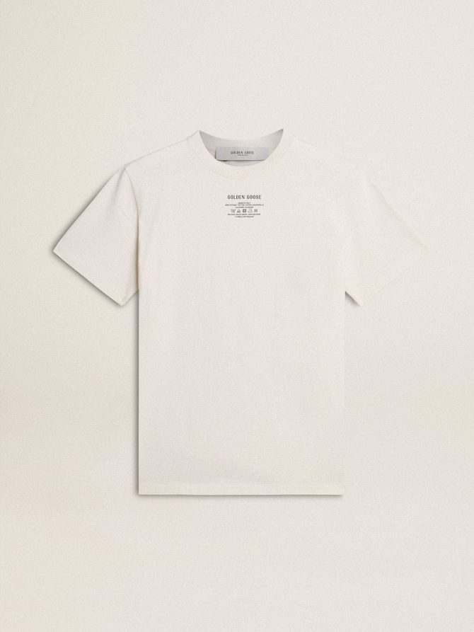 Men’s worn-white cotton T-shirt with black lettering
