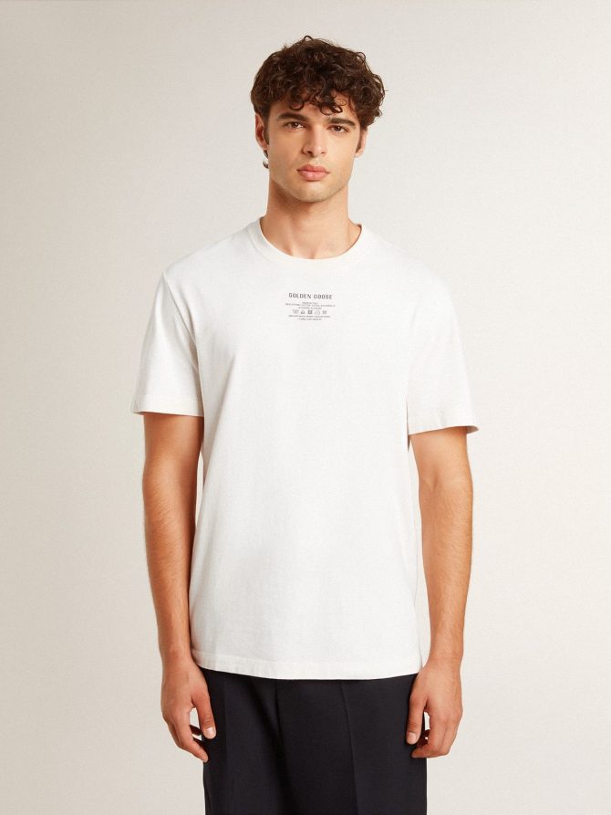 Men’s worn-white cotton T-shirt with black lettering - Image 2
