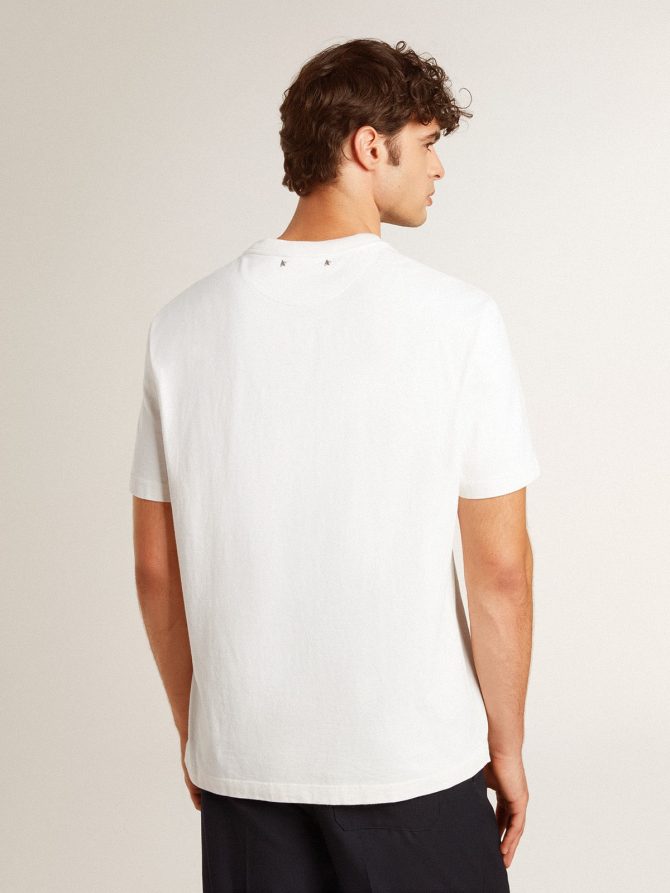 Men’s worn-white cotton T-shirt with black lettering - Image 4