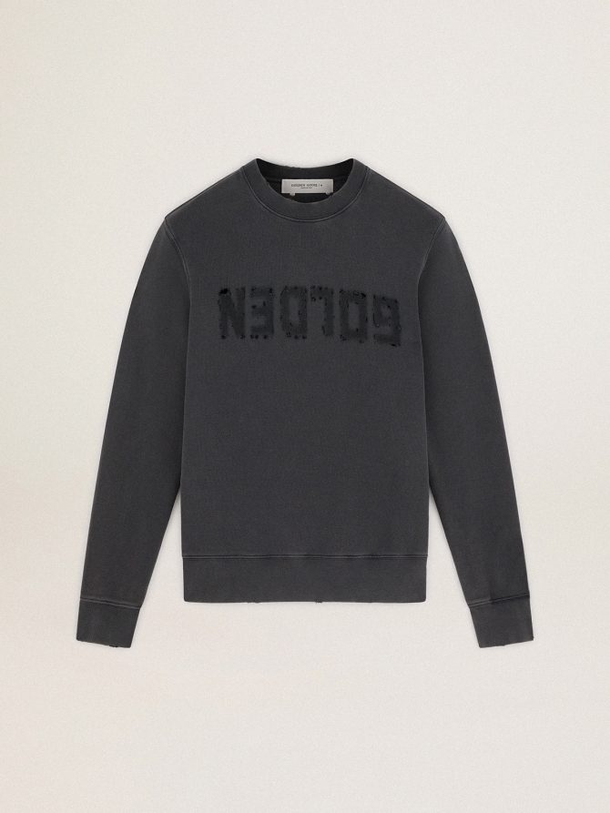 Men’s gray sweatshirt with logo and distressed treatment