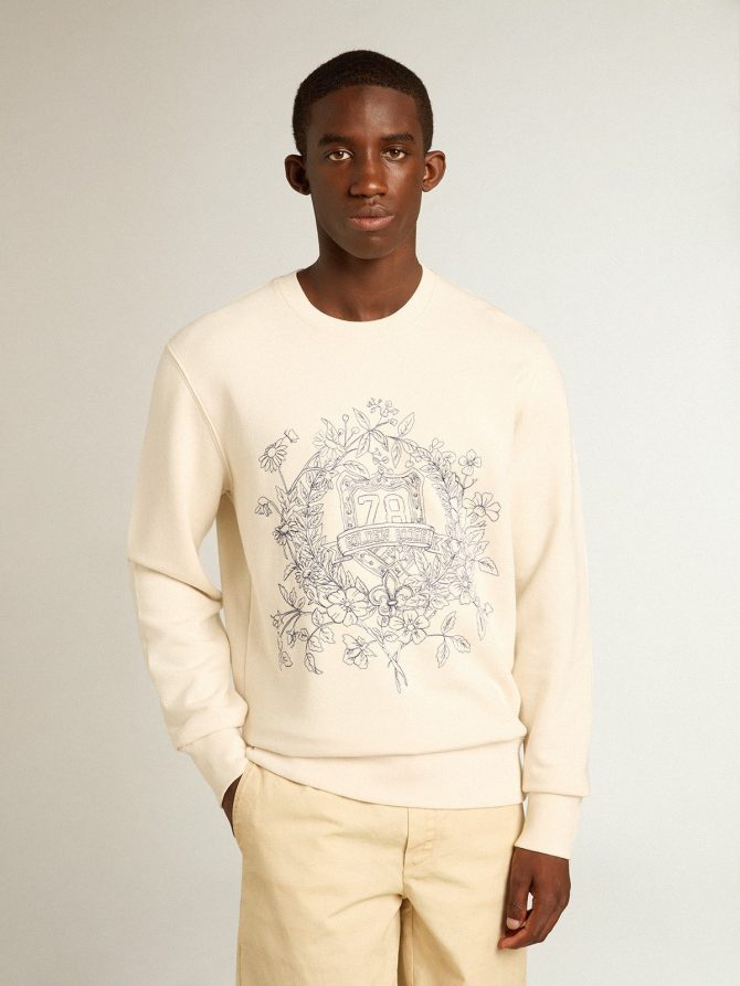 Men’s aged white cotton sweatshirt with embroidery on the front - Image 5