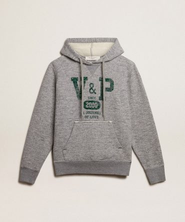 Gray hooded sweatshirt with front pocket