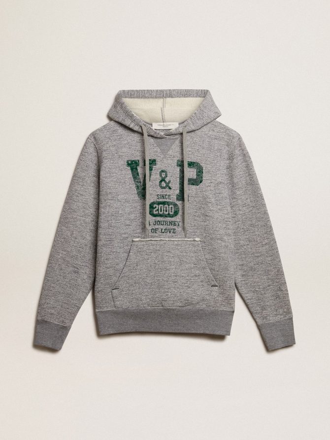 Gray hooded sweatshirt with front pocket