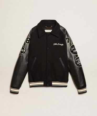 Black wool bomber jacket with patch