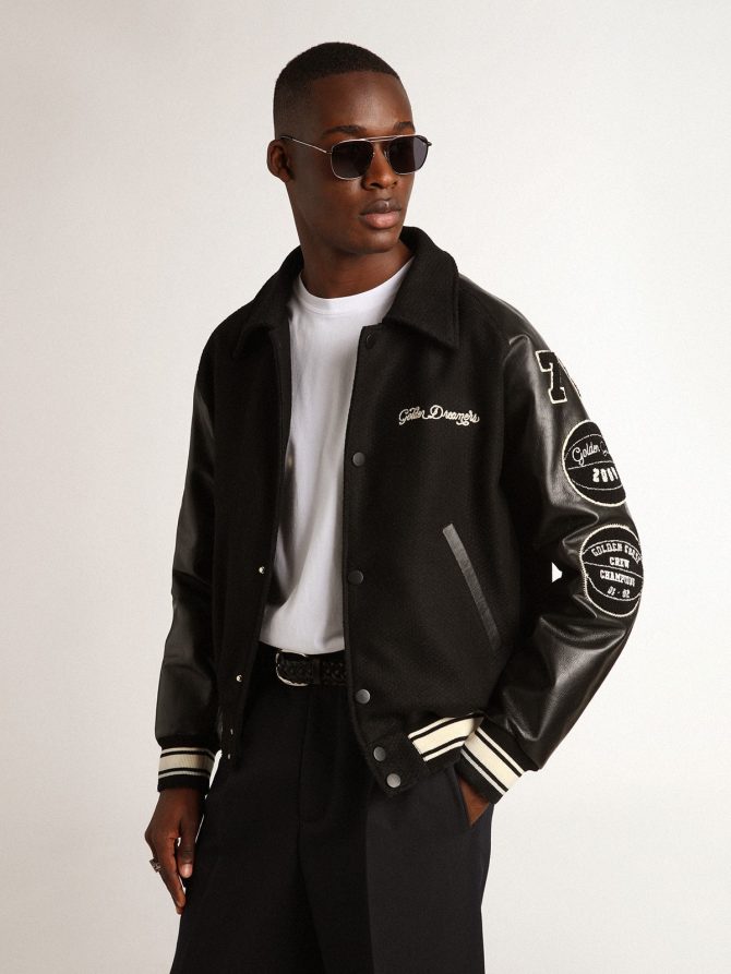 Black wool bomber jacket with patch - Image 2