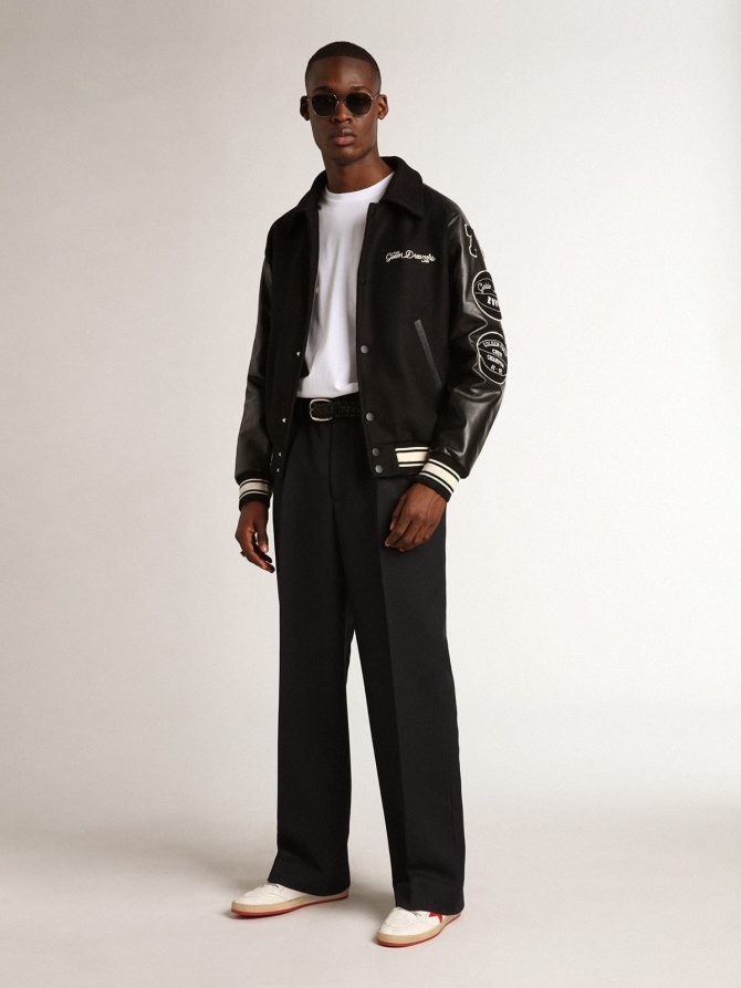 Black wool bomber jacket with patch - Image 3