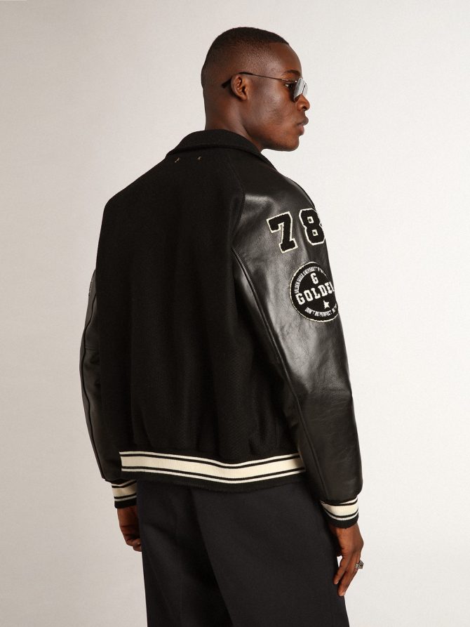 Black wool bomber jacket with patch - Image 4
