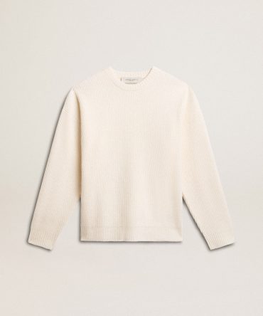 Men’s crew-neck sweater in worn white ribbed wool