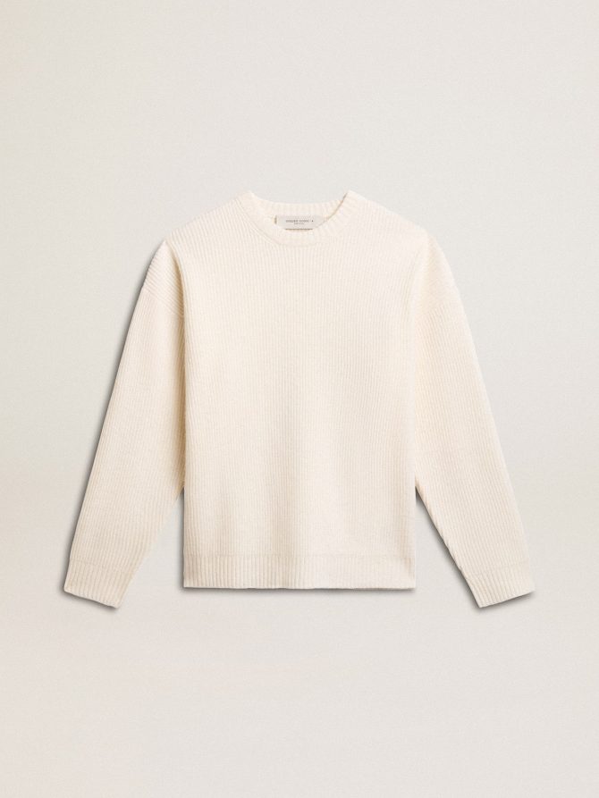 Men’s crew-neck sweater in worn white ribbed wool