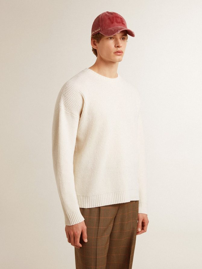 Men’s crew-neck sweater in worn white ribbed wool - Image 2