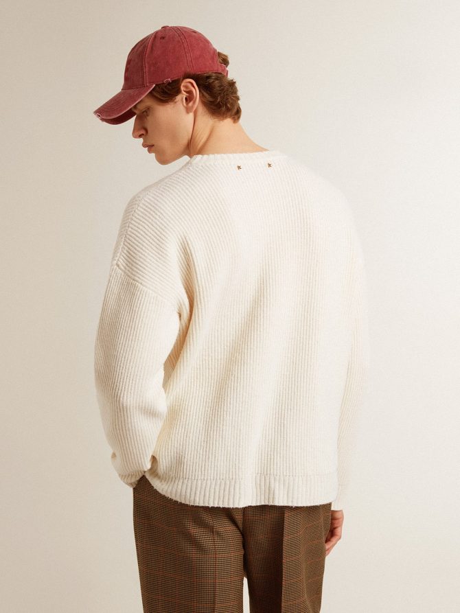 Men’s crew-neck sweater in worn white ribbed wool - Image 4