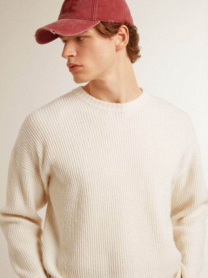 Men’s crew-neck sweater in worn white ribbed wool - Image 5