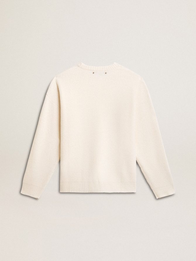Men’s crew-neck sweater in worn white ribbed wool - Image 6
