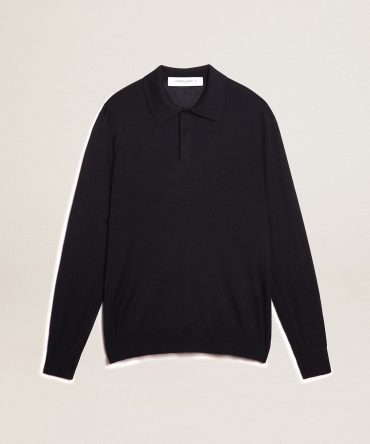 Men’s long-sleeved polo shirt in navy-blue merino wool