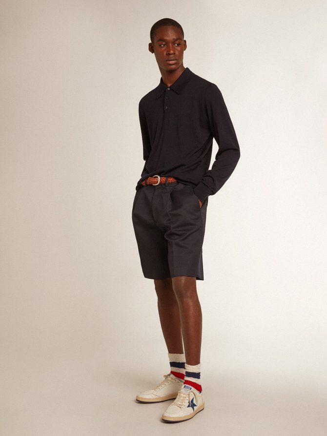 Men’s long-sleeved polo shirt in navy-blue merino wool - Image 3