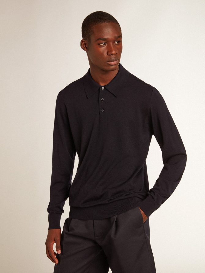 Men’s long-sleeved polo shirt in navy-blue merino wool - Image 5