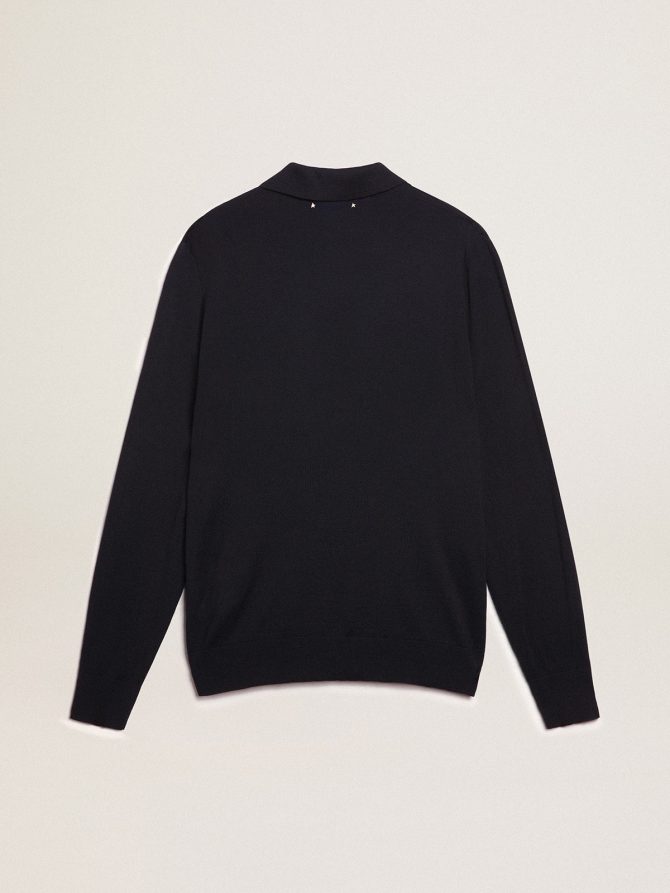 Men’s long-sleeved polo shirt in navy-blue merino wool - Image 6