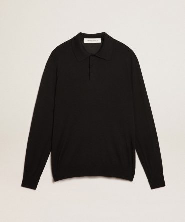 Men’s long-sleeved polo shirt in black merino wool