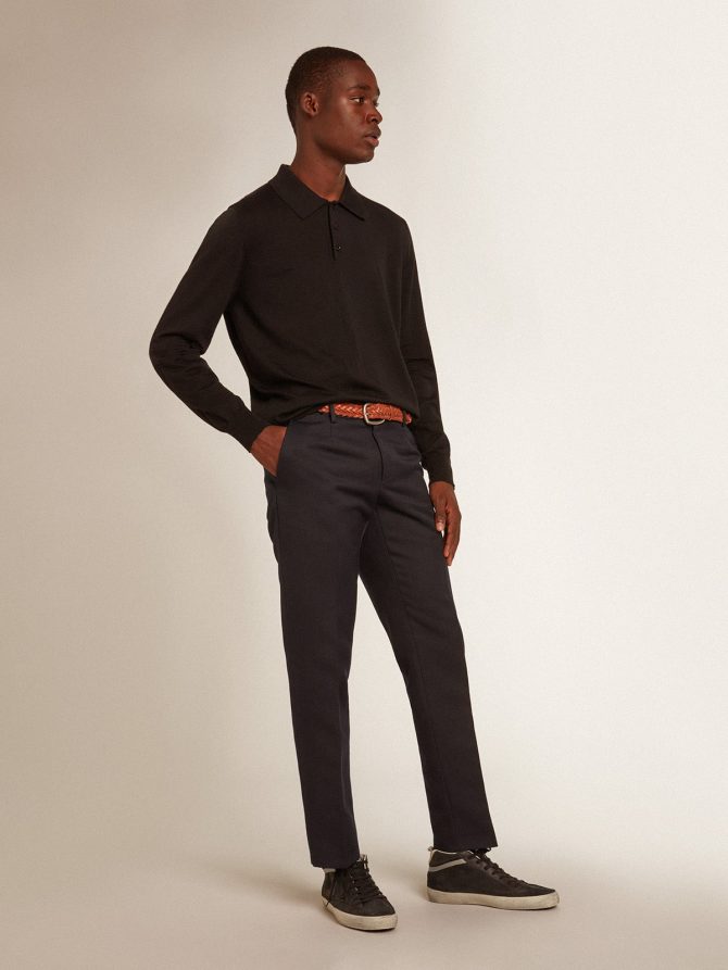 Men’s long-sleeved polo shirt in black merino wool - Image 3