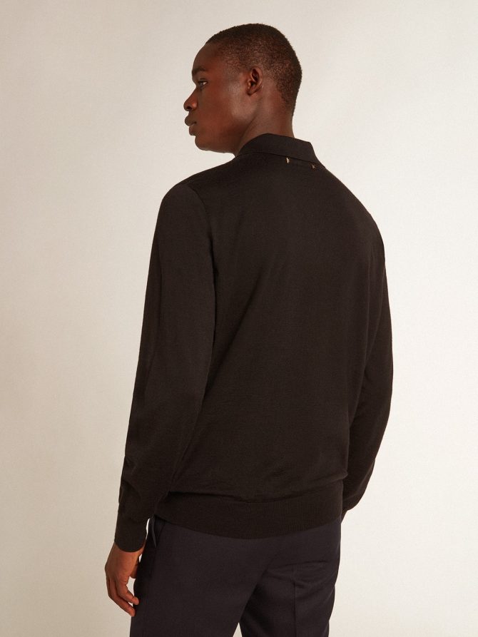 Men’s long-sleeved polo shirt in black merino wool - Image 4