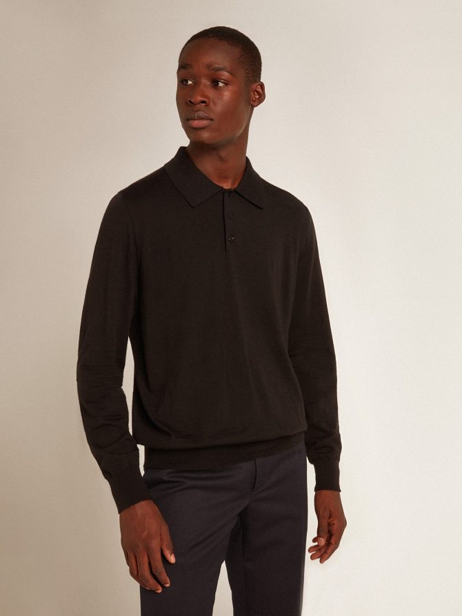 Men’s long-sleeved polo shirt in black merino wool - Image 5