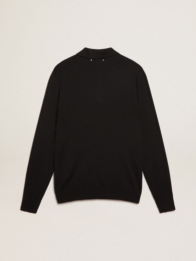 Men’s long-sleeved polo shirt in black merino wool - Image 6