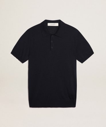 Men’s short-sleeved polo shirt in navy-blue merino wool