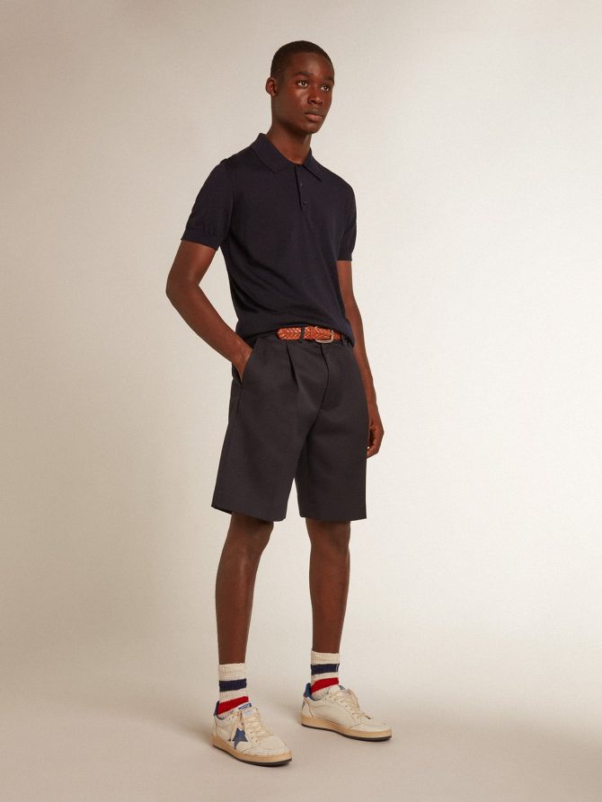 Men’s short-sleeved polo shirt in navy-blue merino wool - Image 3