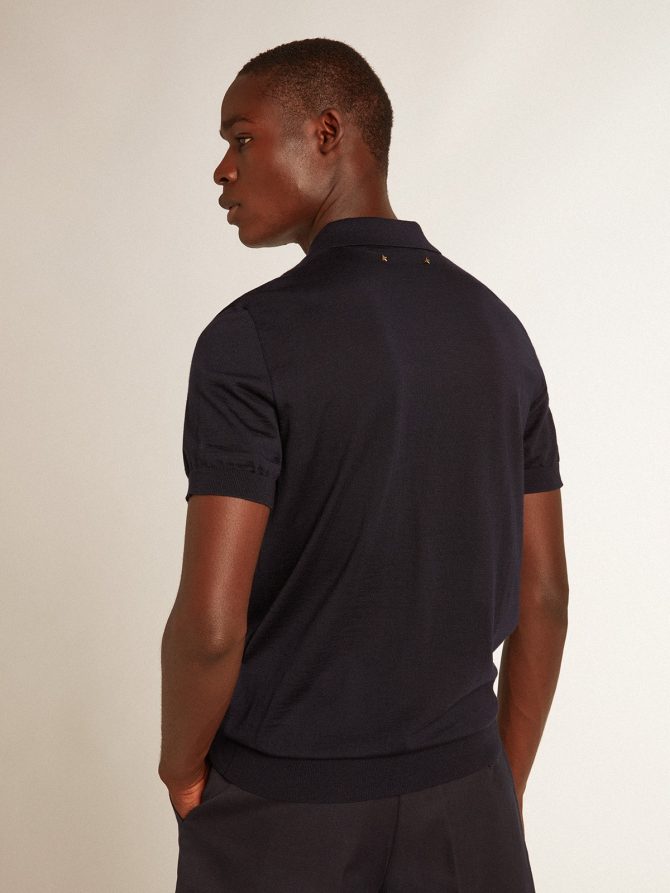 Men’s short-sleeved polo shirt in navy-blue merino wool - Image 4