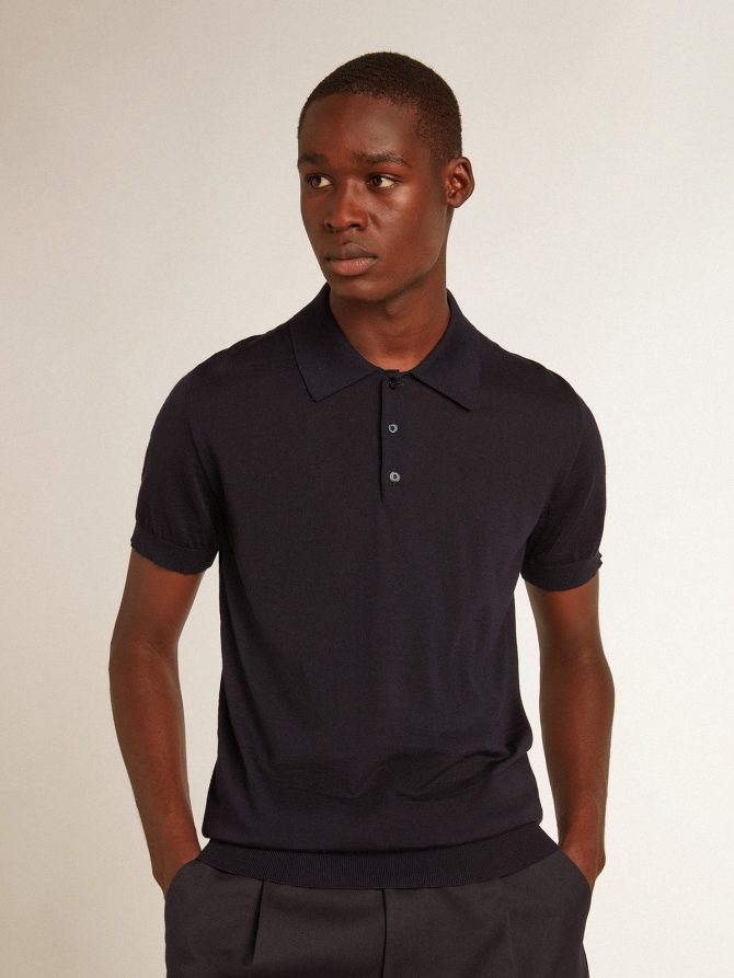 Men’s short-sleeved polo shirt in navy-blue merino wool - Image 5