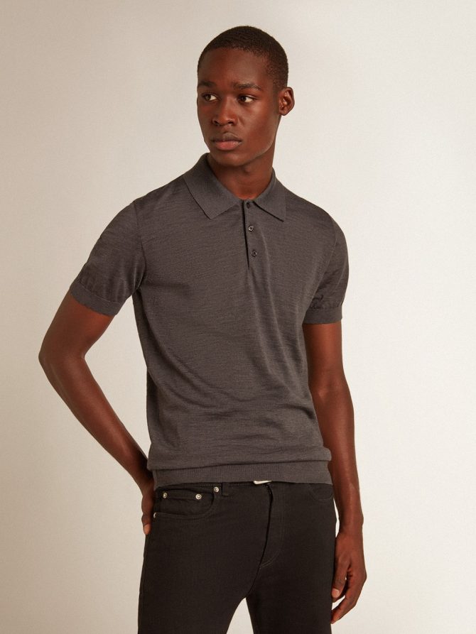 Men’s short-sleeved polo shirt in gray merino wool - Image 5
