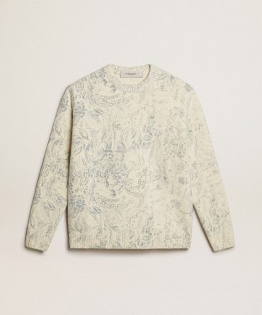 Men’s round-neck sweater in wool with all-over toile de jouy pattern