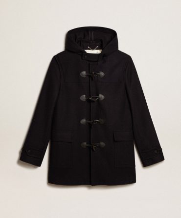 Dark blue wool duffle coat with hood and toggle fastening