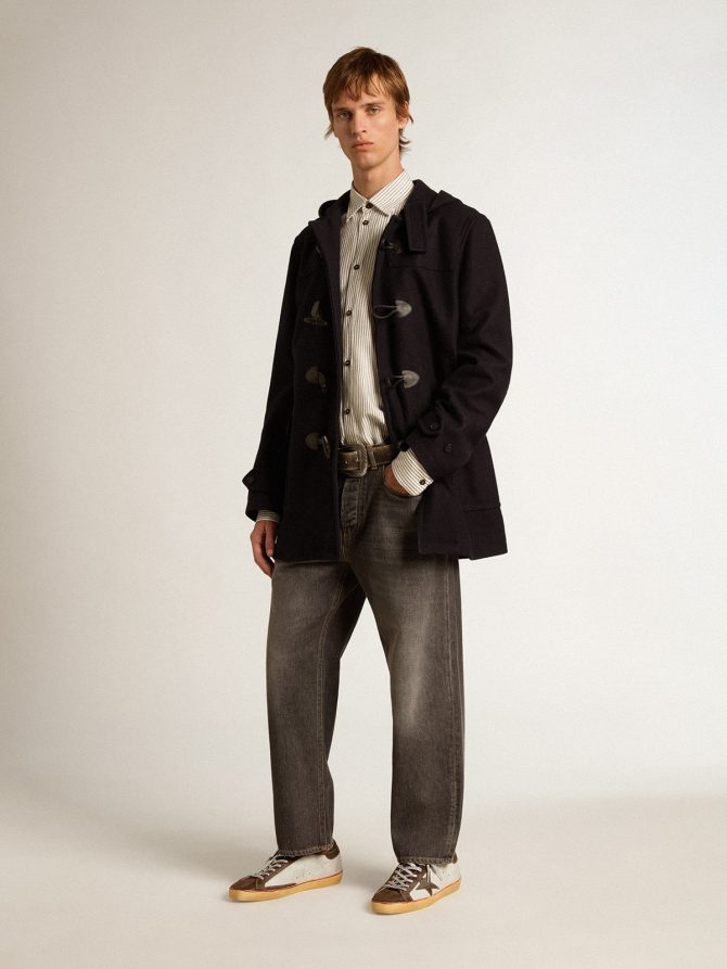 Dark blue wool duffle coat with hood and toggle fastening - Image 3