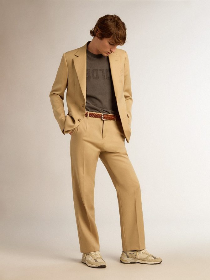 Men’s wool gabardine pants in sand - Image 3