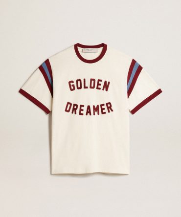 Men’s white T-shirt with burgundy lettering on the front