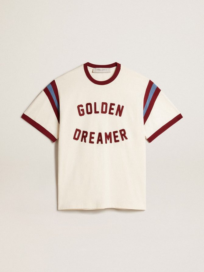 Men’s white T-shirt with burgundy lettering on the front