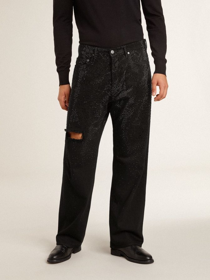 Men’s black jeans with a loose fit and gradient effect all-over crystals - Image 2