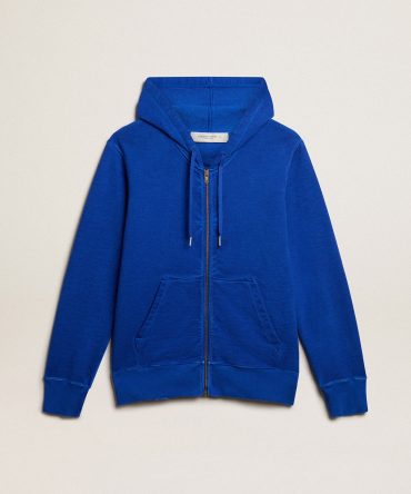 Men’s blue-colored hoodie with lettering on the back