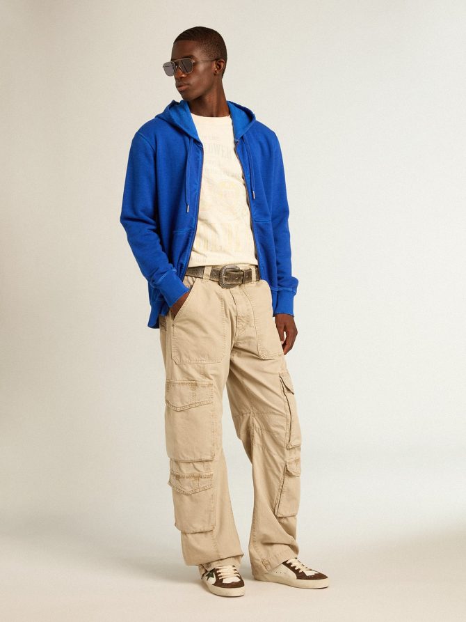 Men’s blue-colored hoodie with lettering on the back - Image 3