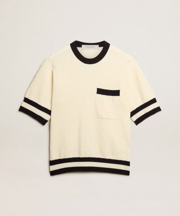 Men’s short-sleeved sweater in vintage white with blue rib knit
