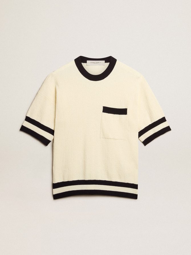 Men’s short-sleeved sweater in vintage white with blue rib knit
