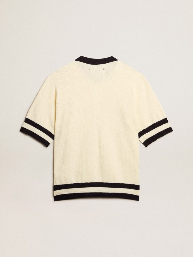 Men’s short-sleeved sweater in vintage white with blue rib knit - Image 6