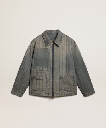 Men’s denim jacket with stripes and patches on the front