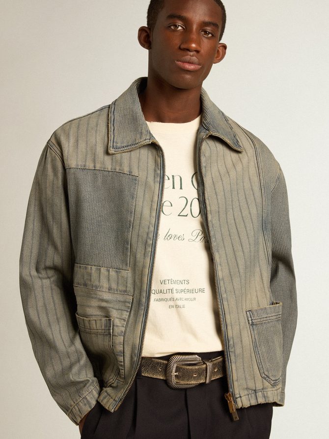 Men’s denim jacket with stripes and patches on the front - Image 2