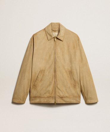 Beige-colored leather jacket with zip fastening