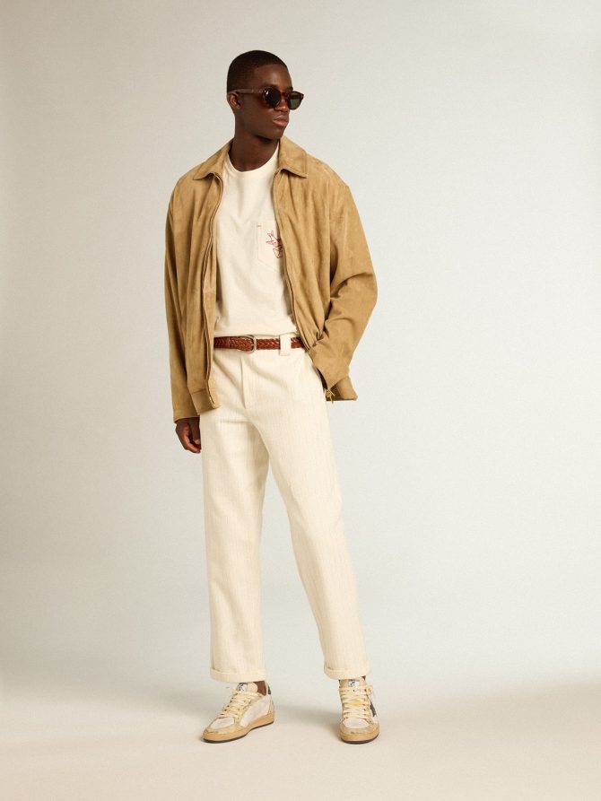 Beige-colored leather jacket with zip fastening - Image 3
