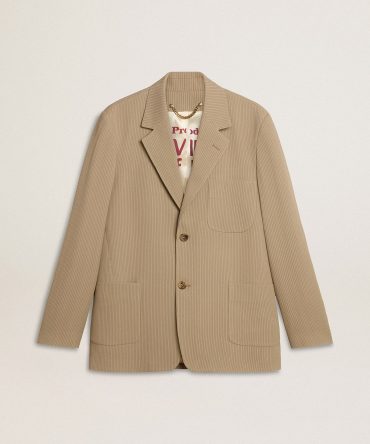 Men’s beige pinstripe single-breasted jacket with an oversized fit