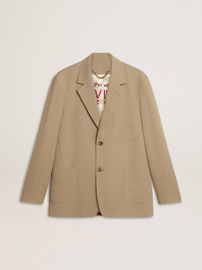 Men’s beige pinstripe single-breasted jacket with an oversized fit